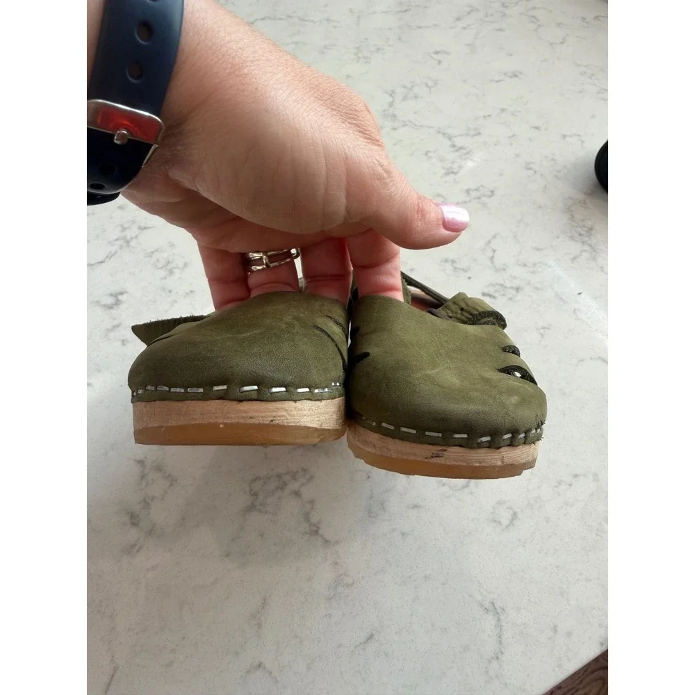 7.Mabo Kids Olive Green Suede Wooden Clogs Made in Sweden EU 27 US 10